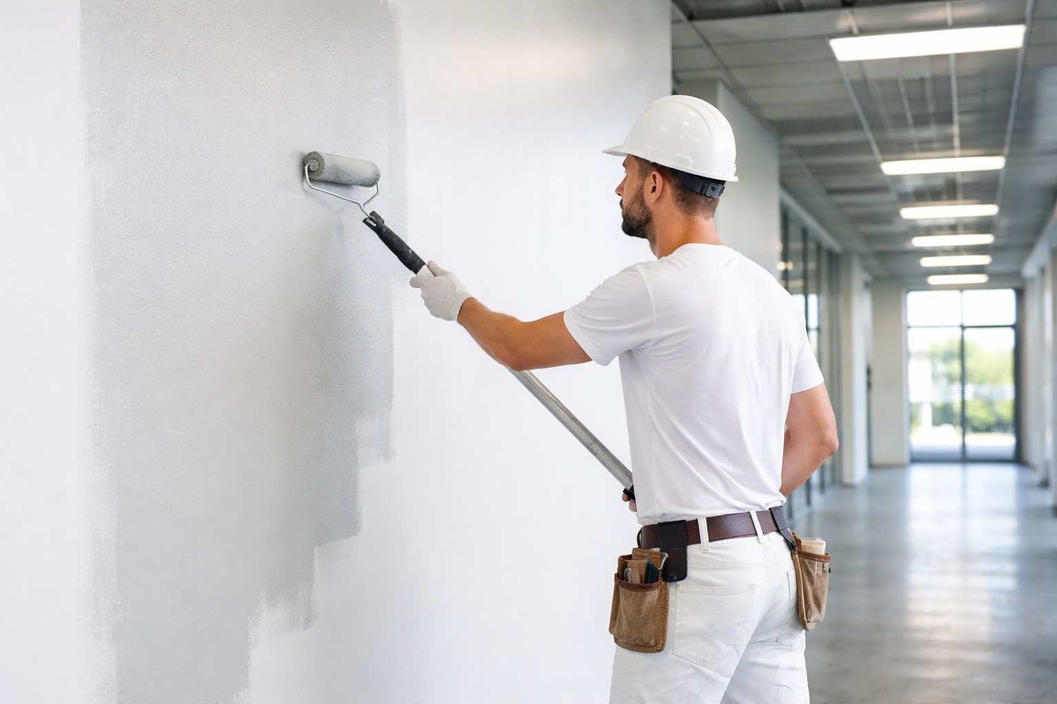 Professional painter applying interior coating to a commercial wall using a roller for a smooth and consistent finish.