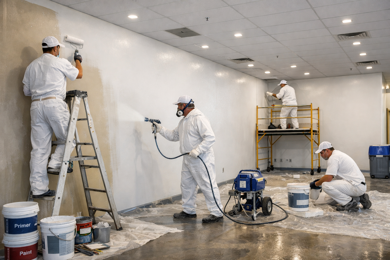 Commercial painting crew applying protective wall coatings inside a commercial facility for a smooth, professional finish.